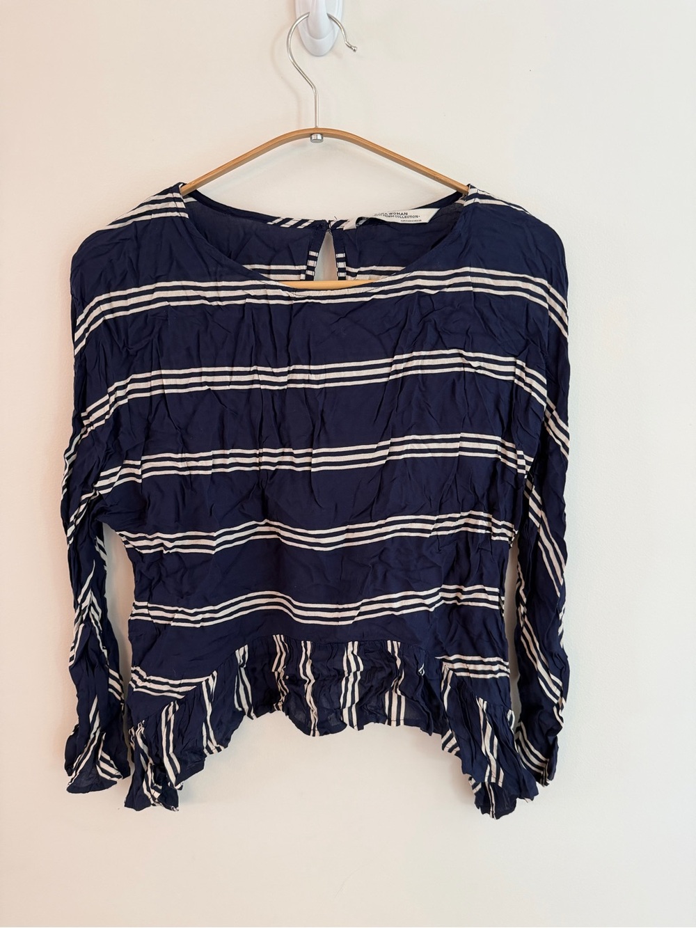 Zara Navy and White Striped Peplum Blouse